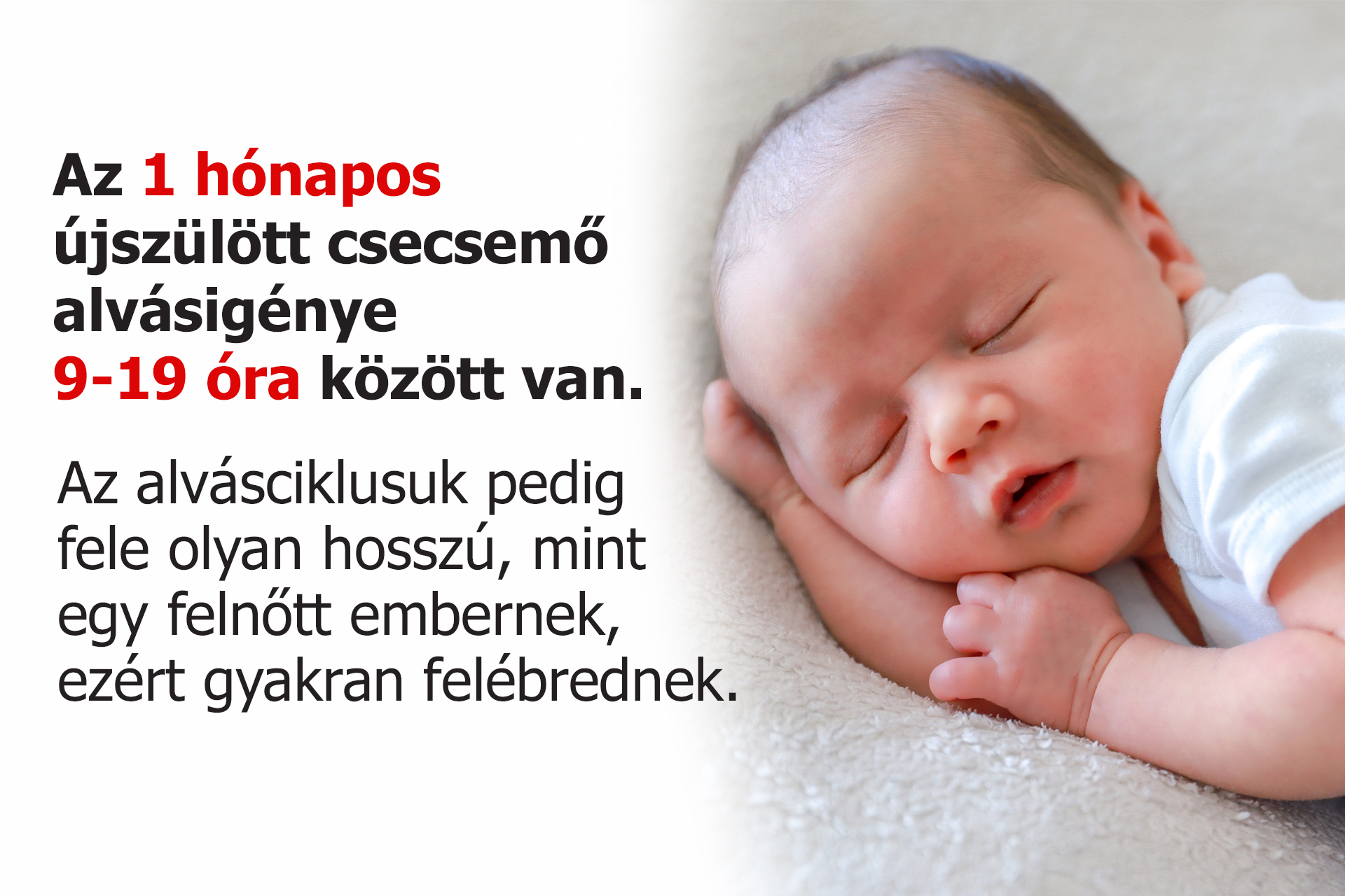 Az 1 hónapos újszülött csecsemő alvásigénye 9-19 óra között van.